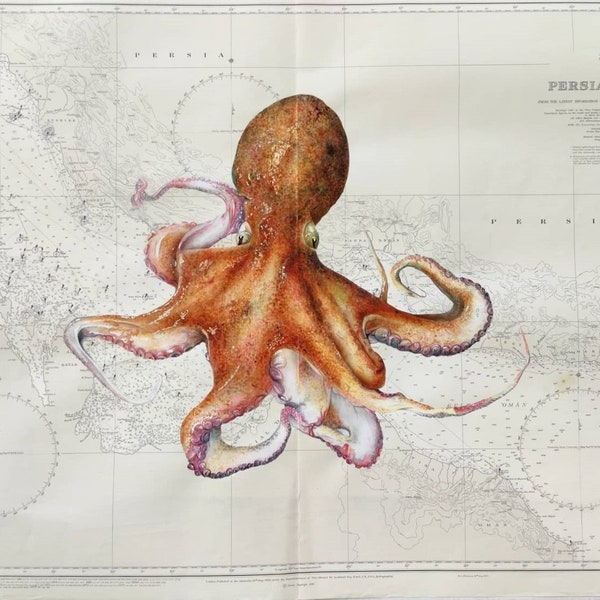 I make an octopus, cuttlefish, squid or crab painted on an authentic vintage nautical map