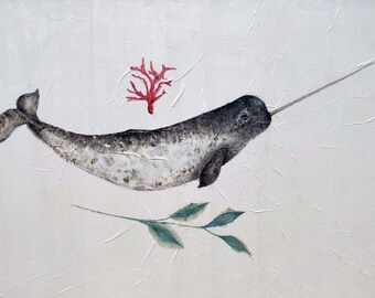Original watercolor of a Narwhal ,cetacean, art, ocean, sea, animal, home decor, wall decor, nature, gift