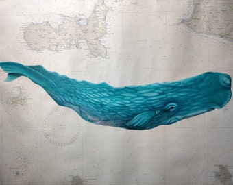 I create your favorite whale on an authentic vintage nautical map ONLY ON COMMISSION (demonstrative photos)