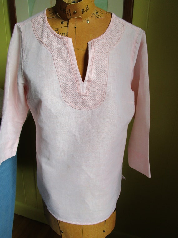 Vintage LL Bean Pale Pink Linen Embroidered Tunic