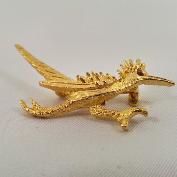 Roadrunner Brooch Hobe Style Gold Tone Rhinestone Eye 1960s Arizona Souvenir Southwest