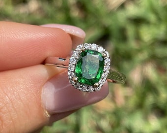 Natural Tsavorite Garnet Chrome Green Diamond Halo Cushion Shape Cocktail Ring IGI Certified 1.70 cttw 14K White Gold Yellow Gold NEW Size 7