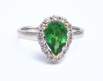 Natural Tsavorite Garnet Chrome Green Diamond Halo Pear Shape Cocktail Ring IGI Certified 2.00 cttw 14K White Gold Yellow Gold NEW Size 7