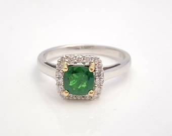 Natural Tsavorite Garnet Chrome Green Diamond Halo Cushion Shape Cocktail Ring IGI Certified 1.48 cttw 14K White Gold Yellow Gold NEW Size 7