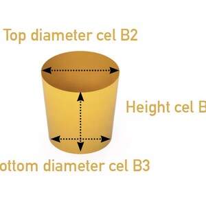 Op de afbeelding: Een goudkleurige cilindrische container met zwarte stippellijnen en pijlen die de afmetingen aangeven. Tekstlabels bevatten Top diameter cel B2, Height cel B4 en Bottom diameter cel B3, die de meetpunten voor breedte en hoogte tonen.