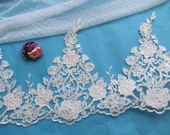 Bridal Lace Trim, Ivory Floral Wedding Lace Trim, Bridal Alencon Lace Trim, Corded Lace Trim(AL164)