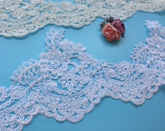 Pure White Alencon Lace Trim, Ivory Corded Lace Trim, Bridal Lace Trim, Embroidery Rose Lace Trim, Corded Lace Trim, Sell By Yard (AL180)