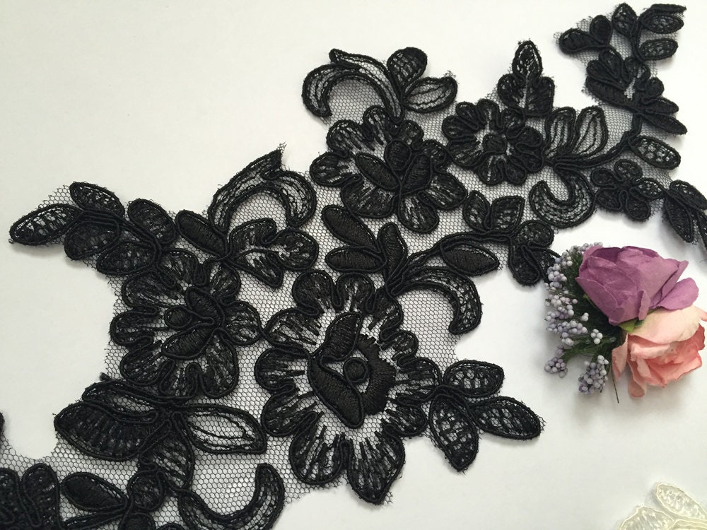 Black Lace Applique Black Alencon Lace Appliques Black Etsy Australia