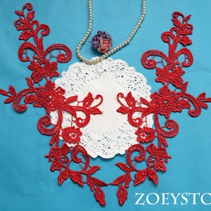 Red Lace Applique, Flower Red Lace, Gorgeous Quality Venise Lace Applique For DIY Project, Sell by Mirror Pair (A005)