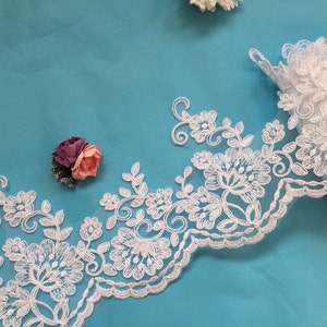 SALES-White Lace Trim, White Alencon Lace, White Corded Lace Trim, White Bridal Lace Trim, Sell By Yard AL126 image 2