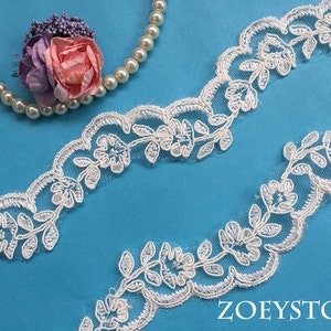 Small Lace Trim, Floral Bridal Veil Trim, IVORY Alencon Lace Trim, Corded Bridal Trim, Sell By YardAL090 image 5