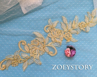 30% off!!! Gold Lace Applique, Gold Bridal Lace, Gold Alencon Lace, Sell By Mirror Pair (AL133)