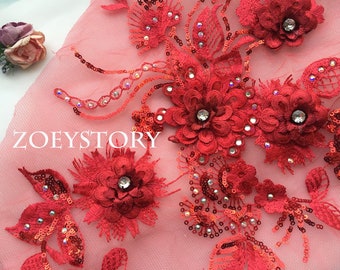 Luxury 3D Flower Applique, Hot Fix Rhinestone Lace Patches, For Bridal Evening Gown, Red/Gray/Coral/Purple/Blue, 1 piece