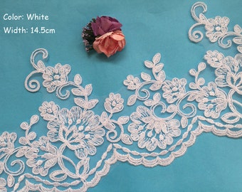 SALES-White Lace Trim, White Alencon Lace, White Corded Lace Trim, White Bridal Lace Trim, Sell By Yard (AL126)