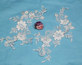 Ivory with Silver Corded Lace Applique,Hight-Quality Alencon Lace Appliques,DIY Lace Accessories Sell By Mirror Pair(AL150)