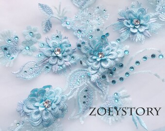 Luxury 3D Flower Applique, Hot Fix Rhinestone Lace Patches, For Bridal Evening Gown, Red/Gray/Coral/Purple/Blue, 1 piece