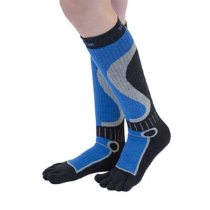 May include: A pair of blue and black toe socks with a gray design. The socks are knee-high and have a textured pattern.