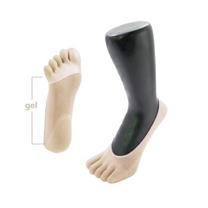 Pu&ograve; includere: Un paio di calzini beige a cinque dita con un cuscinetto in gel sul fondo del piede. I calzini sono mostrati su un piede di manichino.