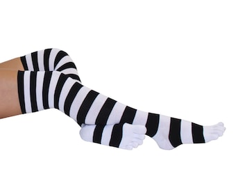 TOETOE - Women Essential Stretchy Over-Knee  Cotton Seamless Stripy Toe Socks, Hygienic, Breathable, uk 4-11 | eu 35-46 | us  4.5-11.5
