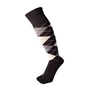 May include: Black knee-high socks with a white and gray argyle pattern.