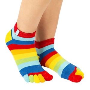 May include: A pair of colorful toe socks with horizontal stripes in red, orange, yellow, green, blue, and purple. The socks have a separate compartment for each toe and a red cuff.