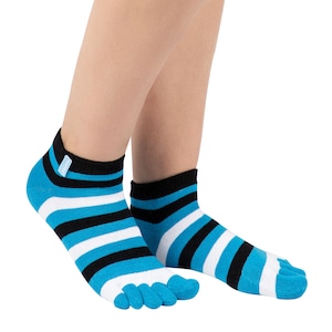 May include: Toe socks with a blue, black, and white striped pattern. The socks have a separate compartment for each toe. The ankle cuffs are black with a small white tag.