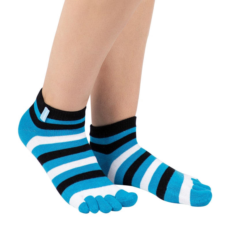 May include: Toe socks with a blue, black, and white striped pattern. The socks have a separate compartment for each toe. The ankle cuffs are black with a small white tag.