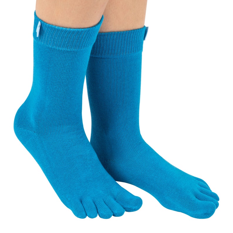 May include: A pair of bright blue toe socks with a white logo on the ankle.