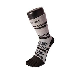 May include: Gray and black striped toe socks with a black five-toe design. The socks have a black and gray honeycomb pattern on the bottom.