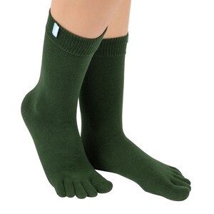 May include: A pair of dark green toe socks with a small blue label on the ankle.