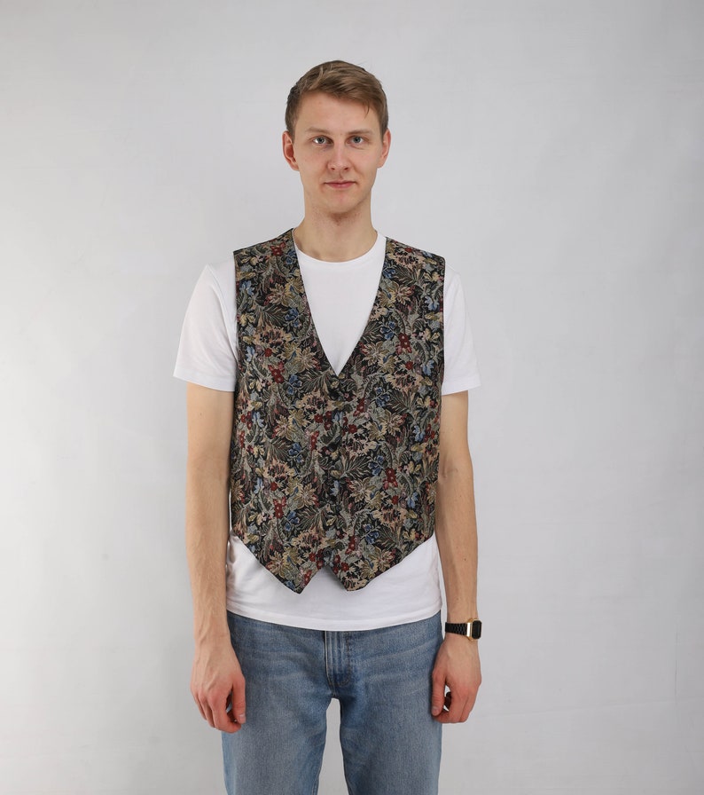 Vintage classy floral pattern 90s style vest buttons down formal women waistcoat Rayon collectible vest 80s apparel old school wear