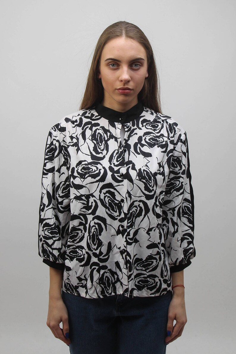 Black and White Floral Pattern Blouse 90s Fashion Button up Etsy