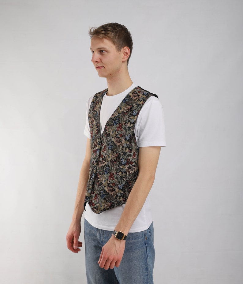 Vintage classy floral pattern 90s style vest buttons down formal women waistcoat Rayon collectible vest 80s apparel old school wear