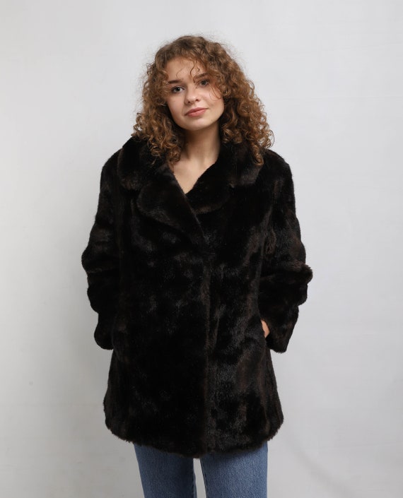 Faux fur Coat | Vintage Dark Brown Fake Fur Coat |