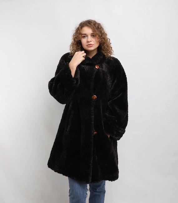 Faux fur Coat | Vintage Dark Fake Fur Coat | Women
