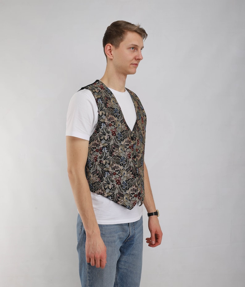 Vintage classy floral pattern 90s style vest buttons down formal women waistcoat Rayon collectible vest 80s apparel old school wear