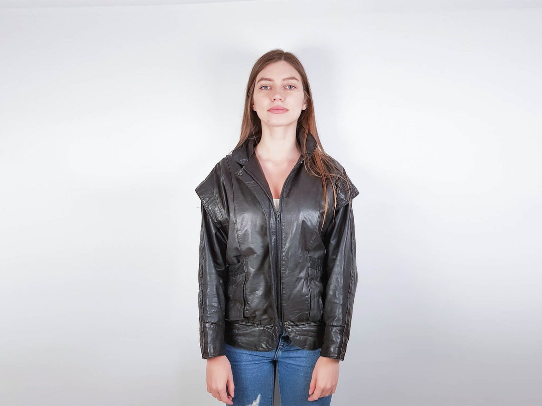 Vintage Black Leather Grunge Retro Women Jacket Medium Size 90s Fashion ...