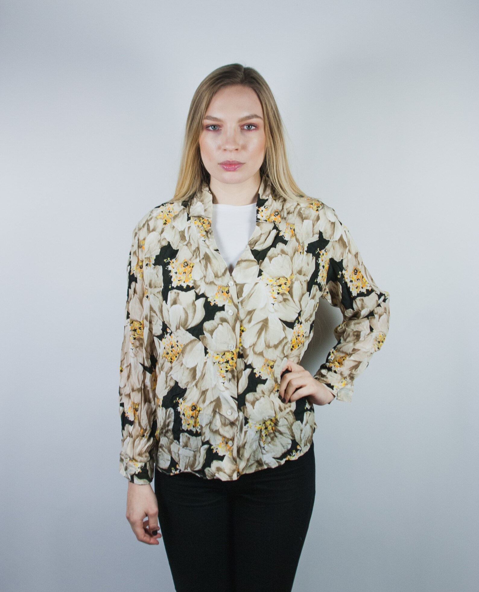 Vintage Women Shirt Floral Pattern Colorful Print Long Sleeve Etsy