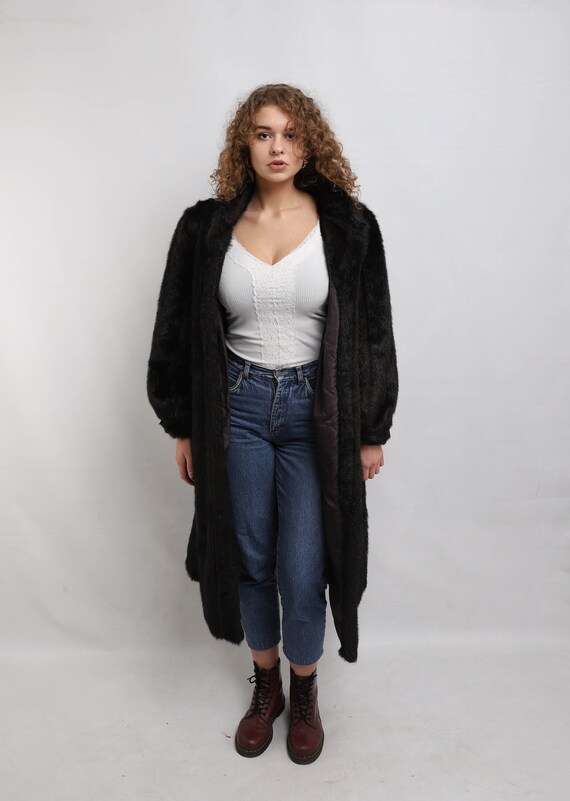 Long Faux fur Coat | Vintage Dark Fake Fur Coat |