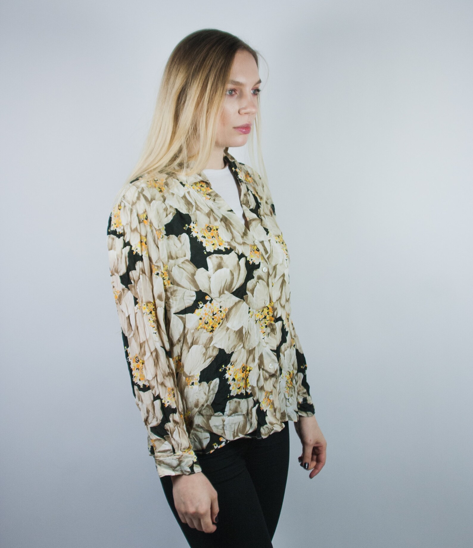 Vintage Women Shirt Floral Pattern Colorful Print Long Sleeve Etsy