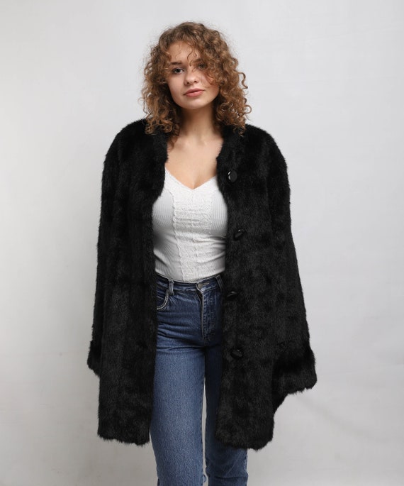 Black Faux fur Coat | Vintage Fake Fur Coat | Wome