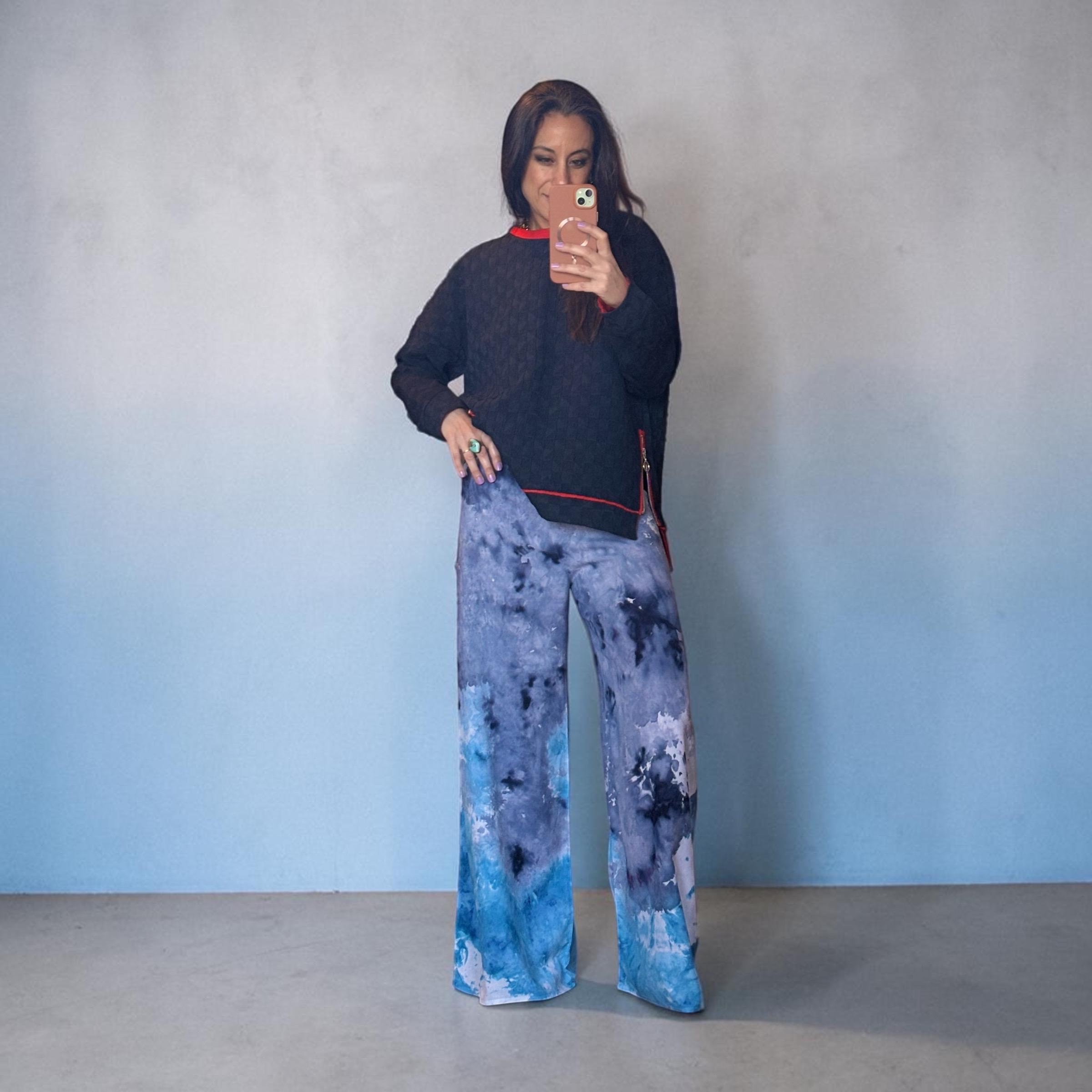 Hand Dyed Ice Dye Cotton Wide Leg Pants, Boho Flowy Festival Trousers