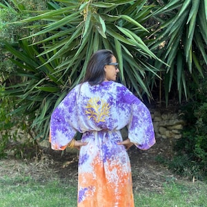 Hand-Dyed Long Kimono Robe – orange&purple with gold coral detail. One of a Kind Resortwear Cover-Up