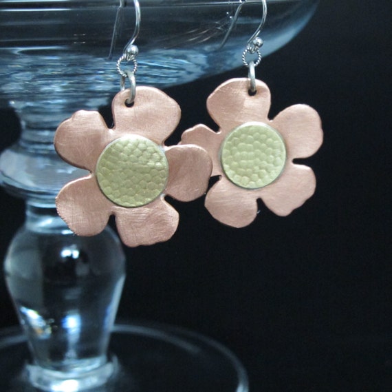 7th anniversary Flower Jewelry, Brass and Copper Mixed Metal Earrings