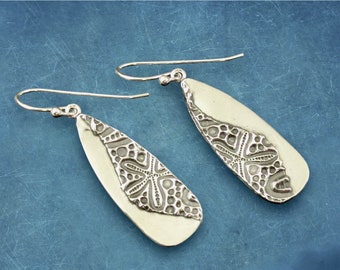 Beachy Earrings, Handmade, Fine silver Sandollar Pattern