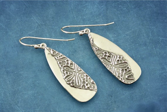 Beachy Earrings, Handmade, Fine silver Sandollar Pattern