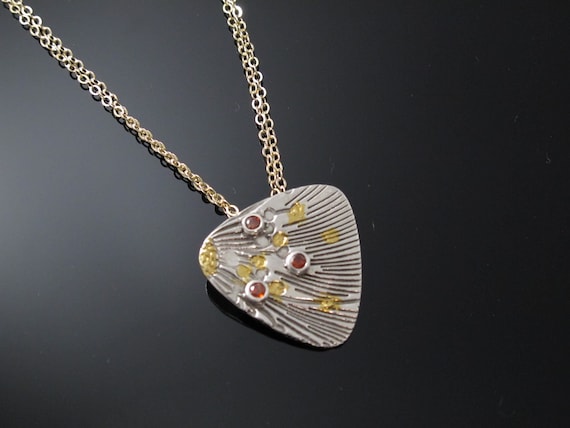 24K Gold Keum-Boo Necklace, Handmade Sterling Silver with Gold Filled chain and Hessonite cz