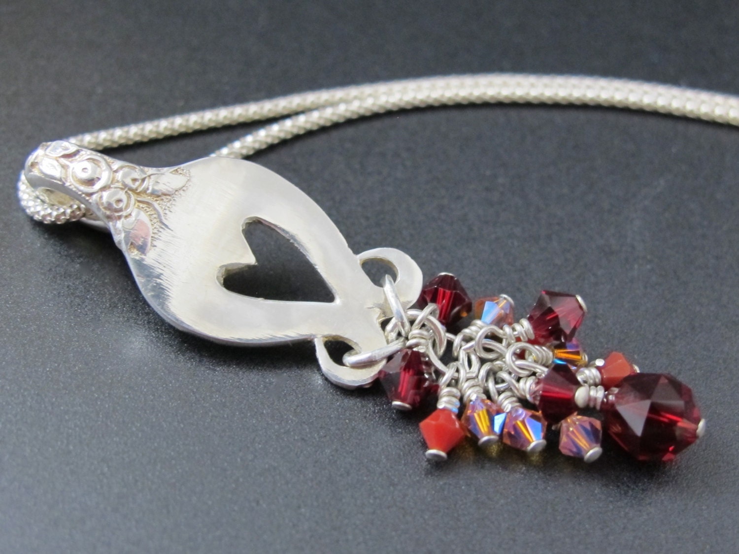 Red Necklace Spoon Heart Jewelry Upcycled Silverware Antique