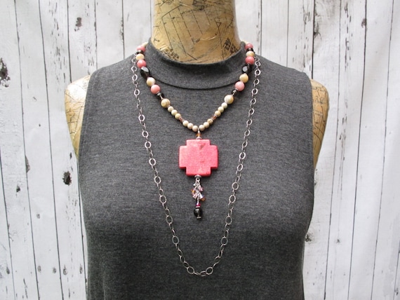 Necklace, Long and Short, Convertable Sterling Silver with Pink Cross Necklace with Necklace Converter Included