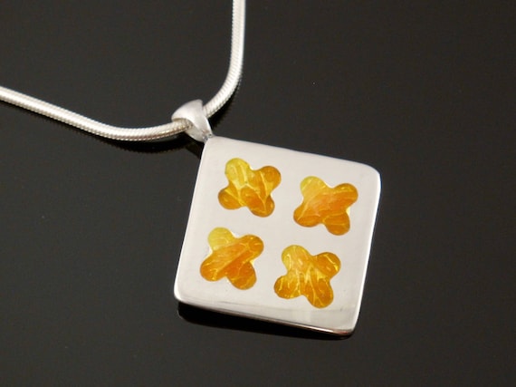 Orange Necklace, Quatrefoil,  Fall Handmade Enamel Necklace